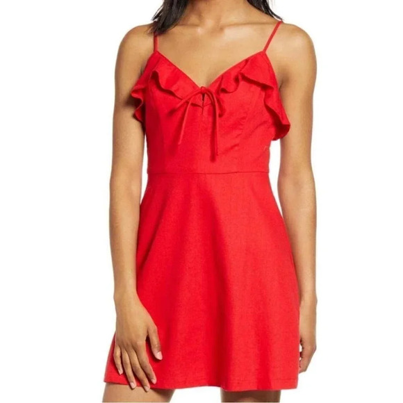 All In Favor Ruffle Mini Dress Tie Front Sleeveless Casual Party Sundress Size L - Picture 2 of 11